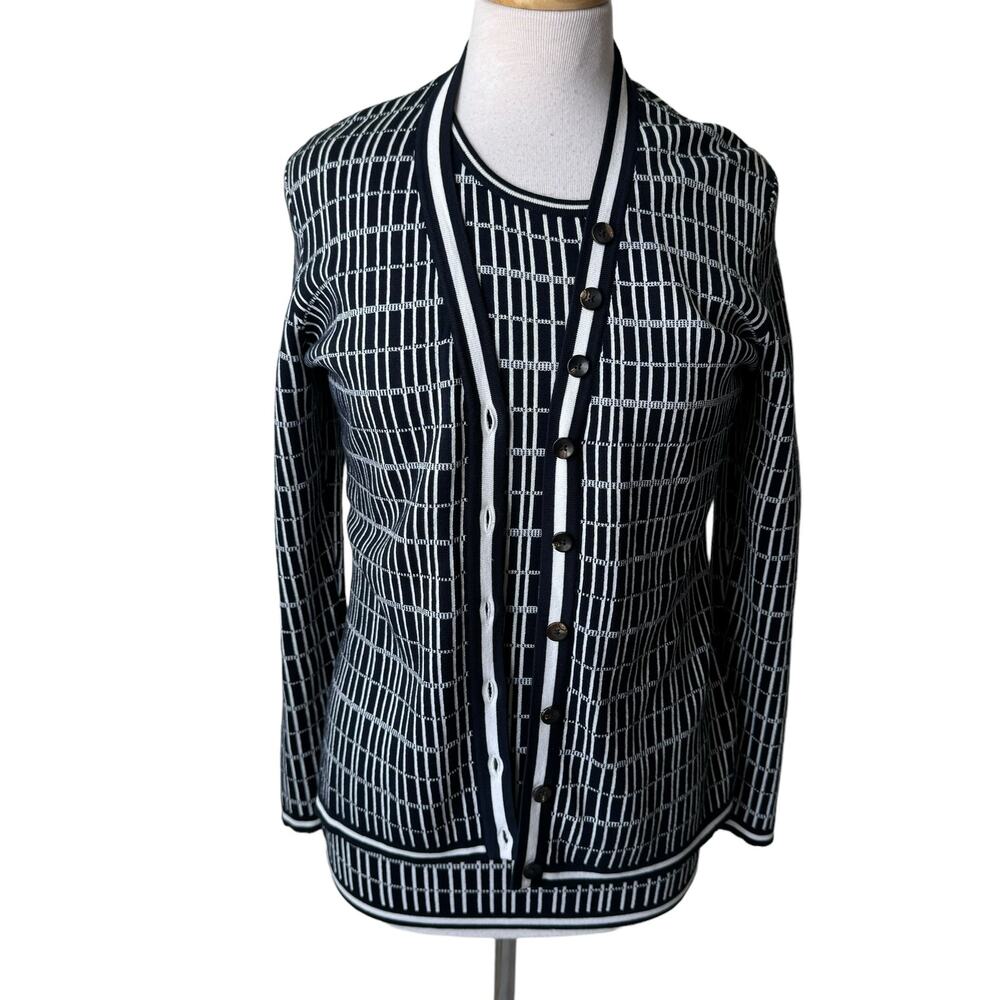 Brooks Brothers Double Jacquard Silk-Blend Cardigan Twin Set Navy Blue White M